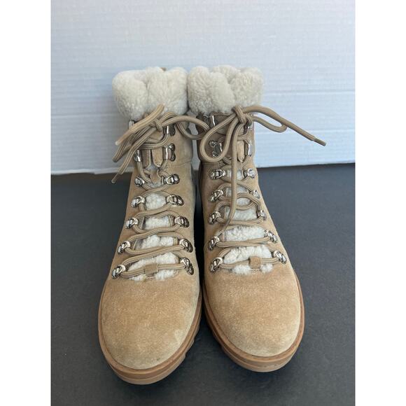 Marc Fisher LTD Brylee Beige Cream Shearling Trim Suede Lace Up Combat Boots 10M - Picture 3 of 10